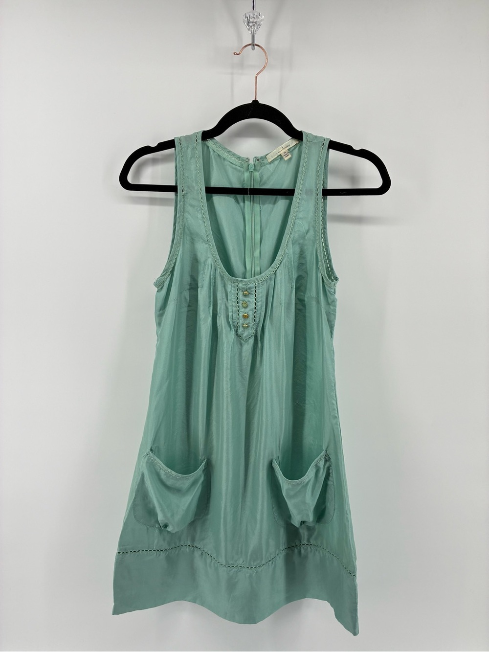 Mint Green 100% Silk Sleeveless Pocket Tunic Slip Tank Dress